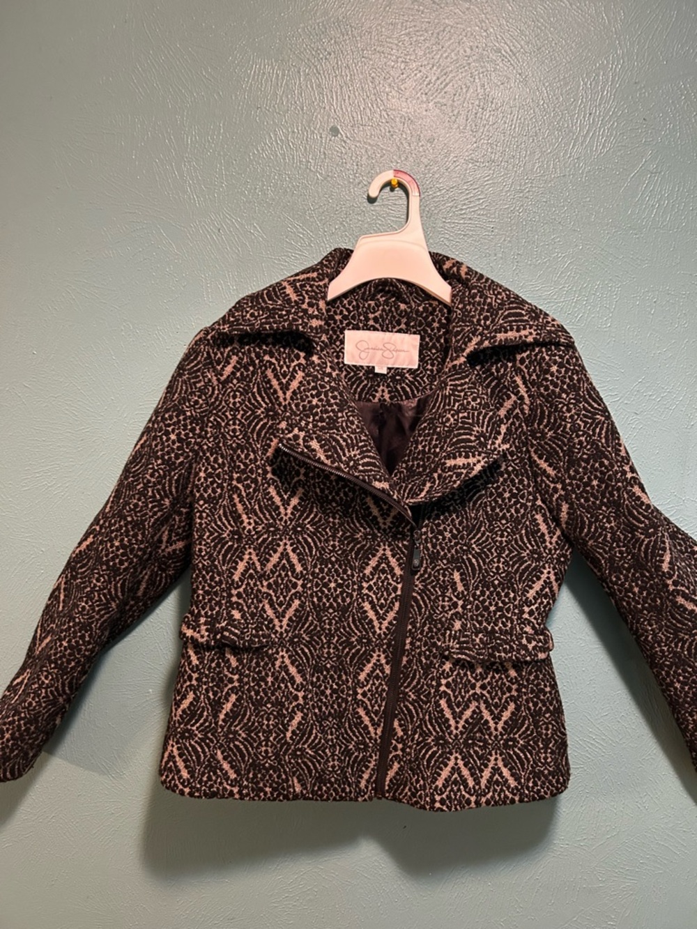 Jessica Simpson Black & Cream Patterned Zip-Front Blazer Jacket